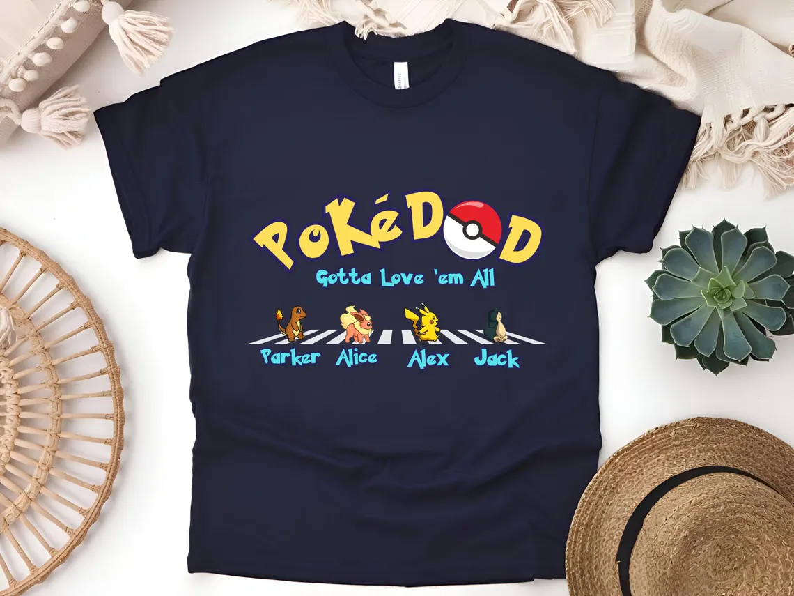 Custom Poke Dad Shirt, Personalized Kids Names, Father's Day Gift Tee