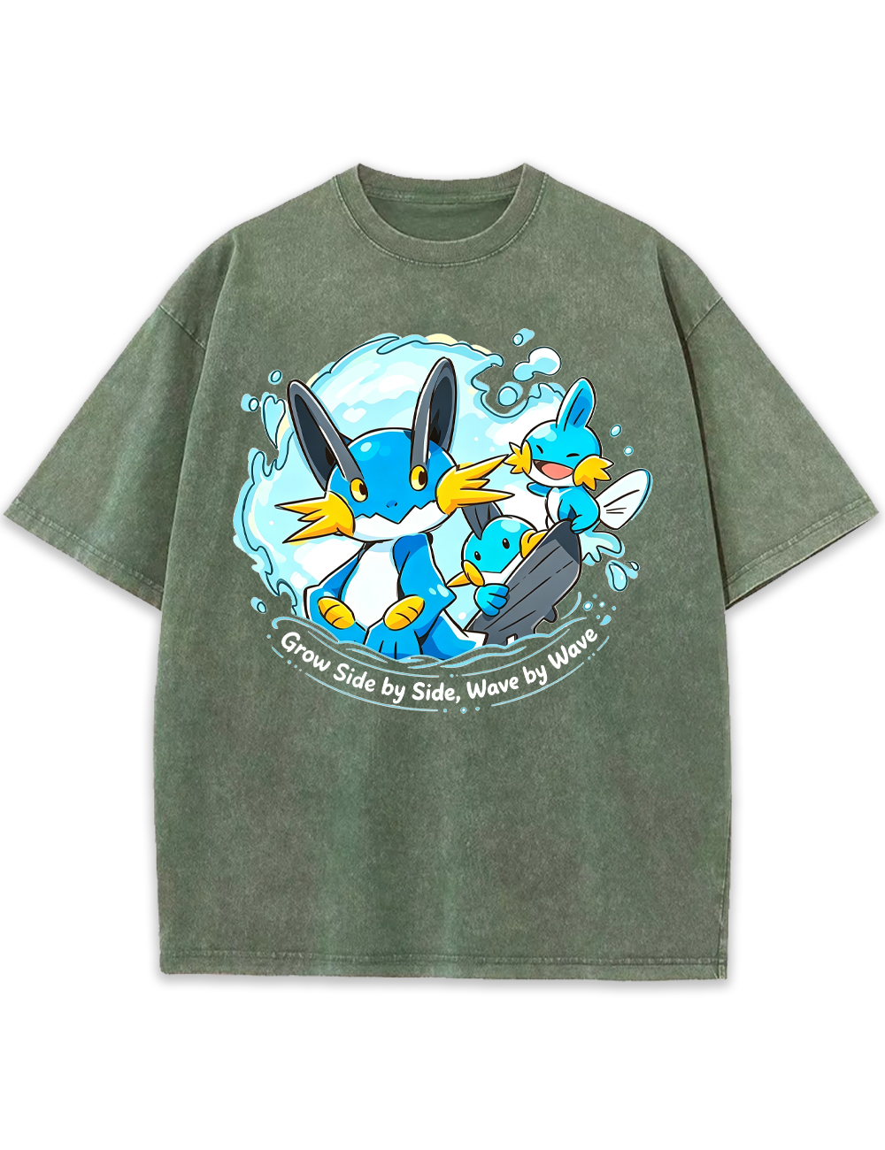 Parent & Kid Mudkip Evolution Family Surfing Wave Vintage Washed T-Shirt