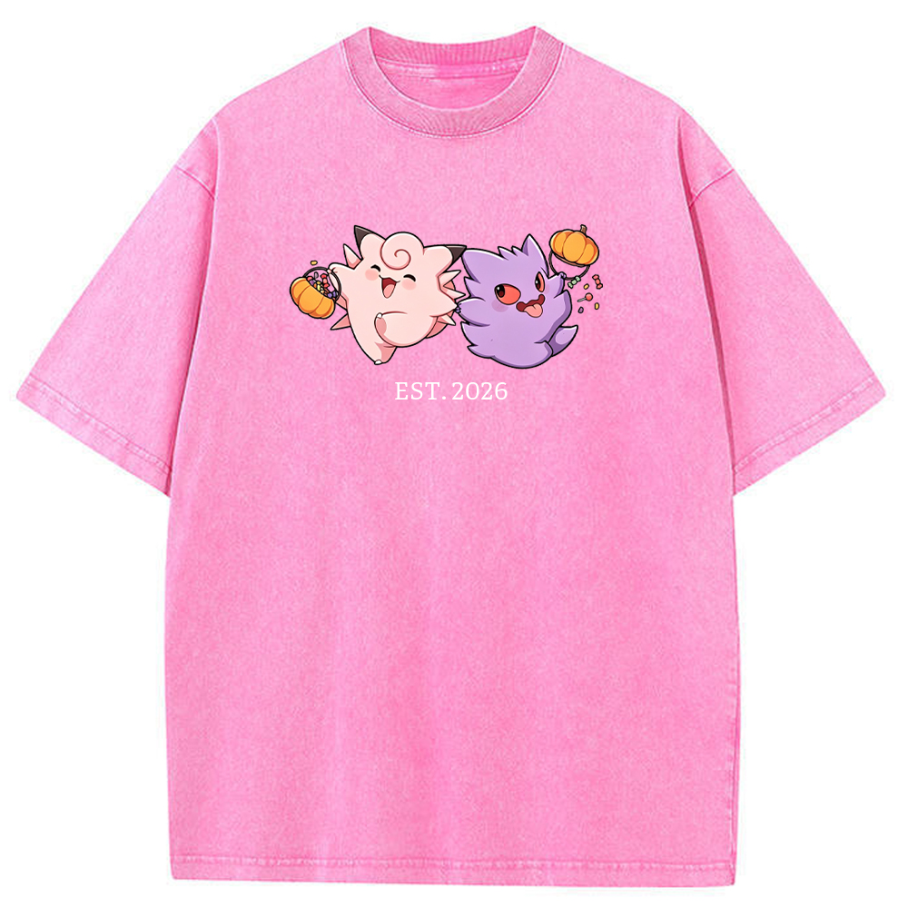 Cute Couple Tone Clefairy Gengar Halloween Pumpkin Vintage Washed T-Shirt