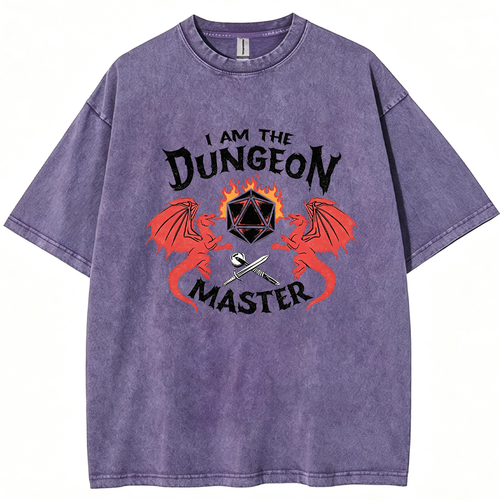 DnD Fantasy Dragon & D20 Dice Dual Dragon Flaming Dice Sword Graphic Cartoon Tee