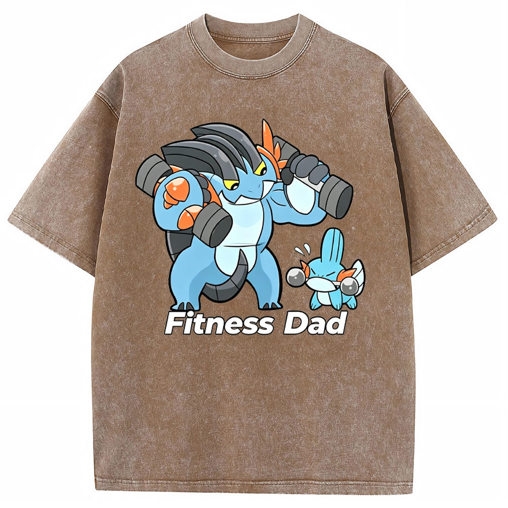 Fitness Dad Marshtomp Mudkip Gym Cartoon Vintage Washed T-Shirt