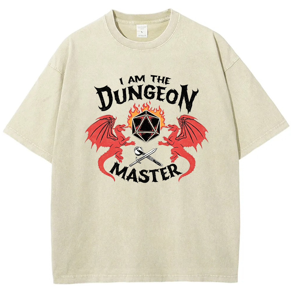 DnD Fantasy Dragon & D20 Dice Dual Dragon Flaming Dice Sword Graphic Cartoon Tee