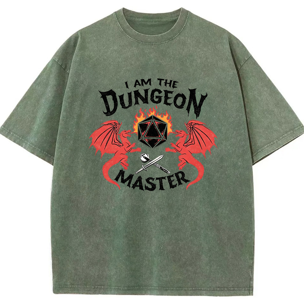 DnD Fantasy Dragon & D20 Dice Dual Dragon Flaming Dice Sword Graphic Cartoon Tee