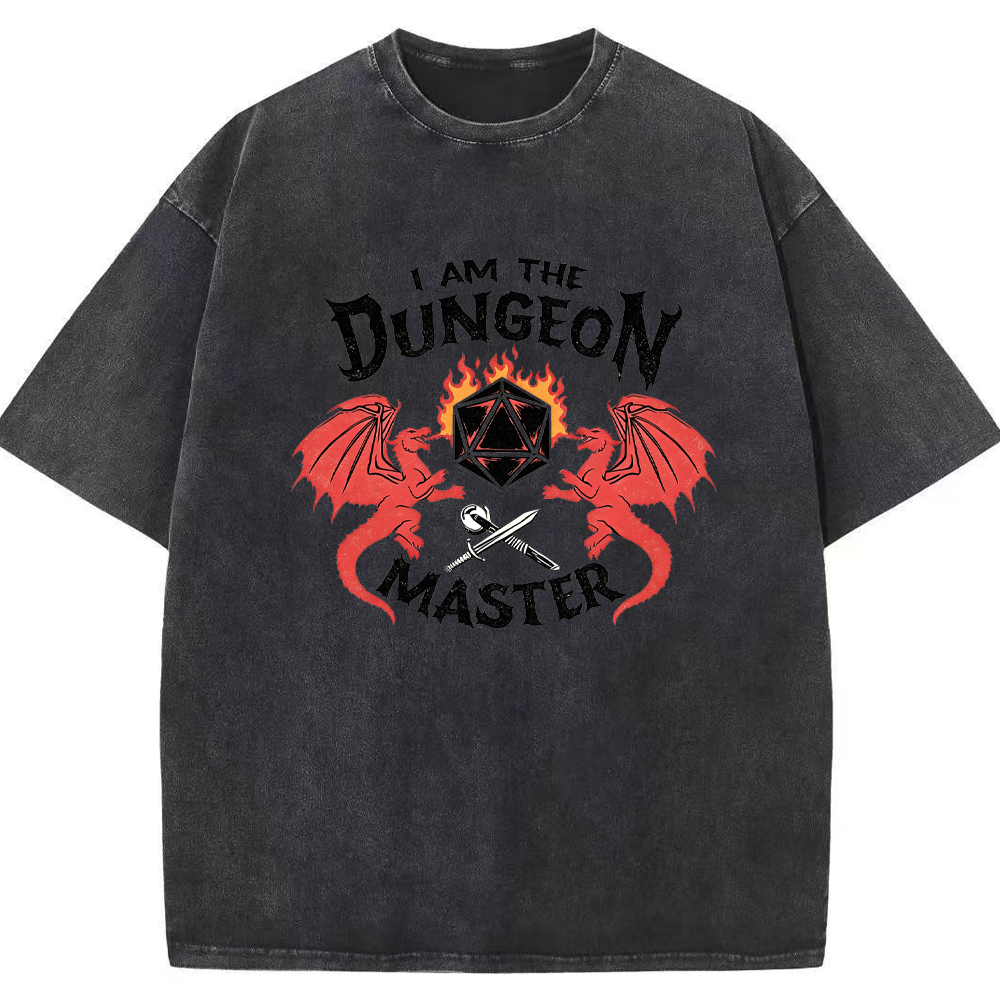 DnD Fantasy Dragon & D20 Dice Dual Dragon Flaming Dice Sword Graphic Cartoon Tee