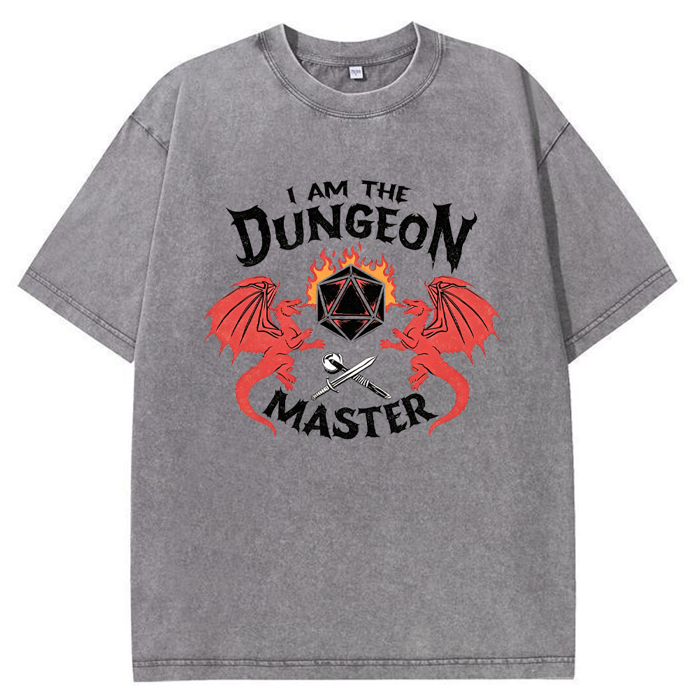 DnD Fantasy Dragon & D20 Dice Dual Dragon Flaming Dice Sword Graphic Cartoon Tee