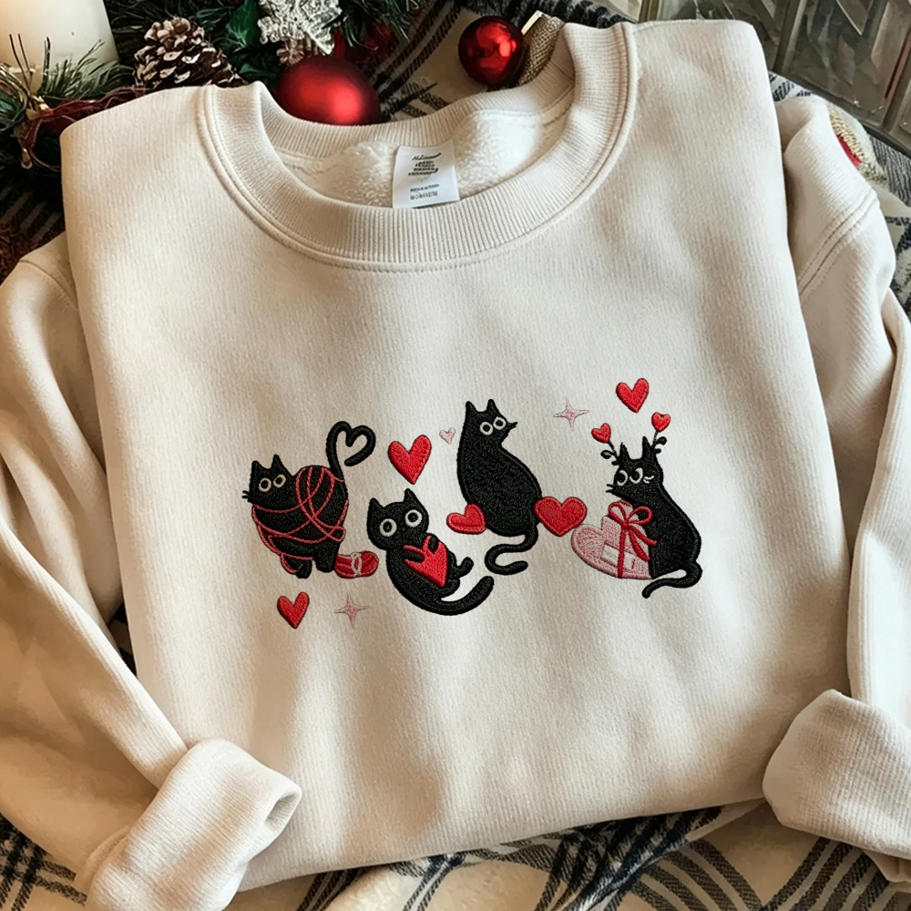 Cat Lover Embroidered Crewneck, Sweet Black Cats & Red Hearts Winter Sweatshirt