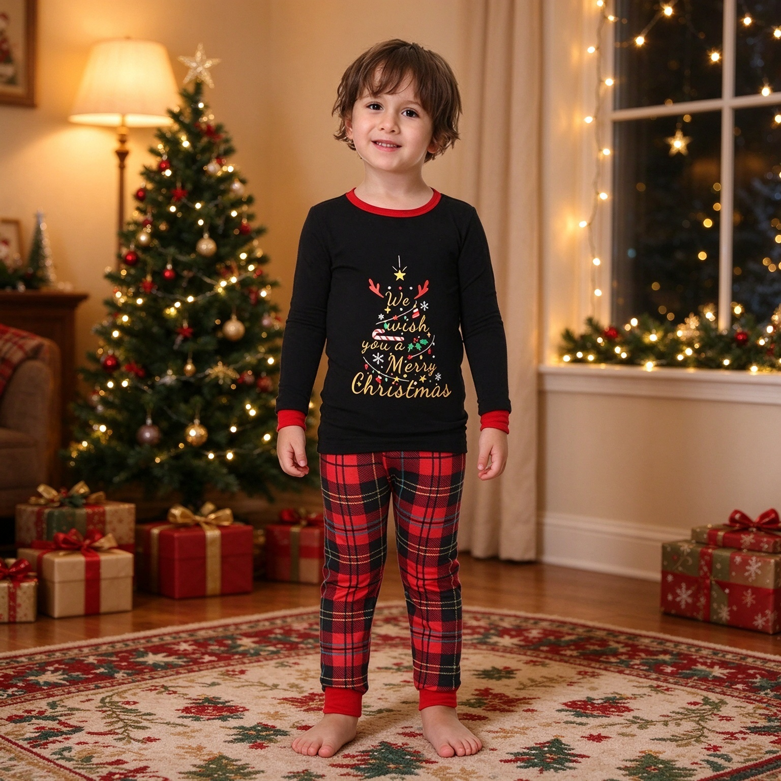 Christmas Reindeer & Tree Print Holiday Sleepwear Matching Family Pajamas Set