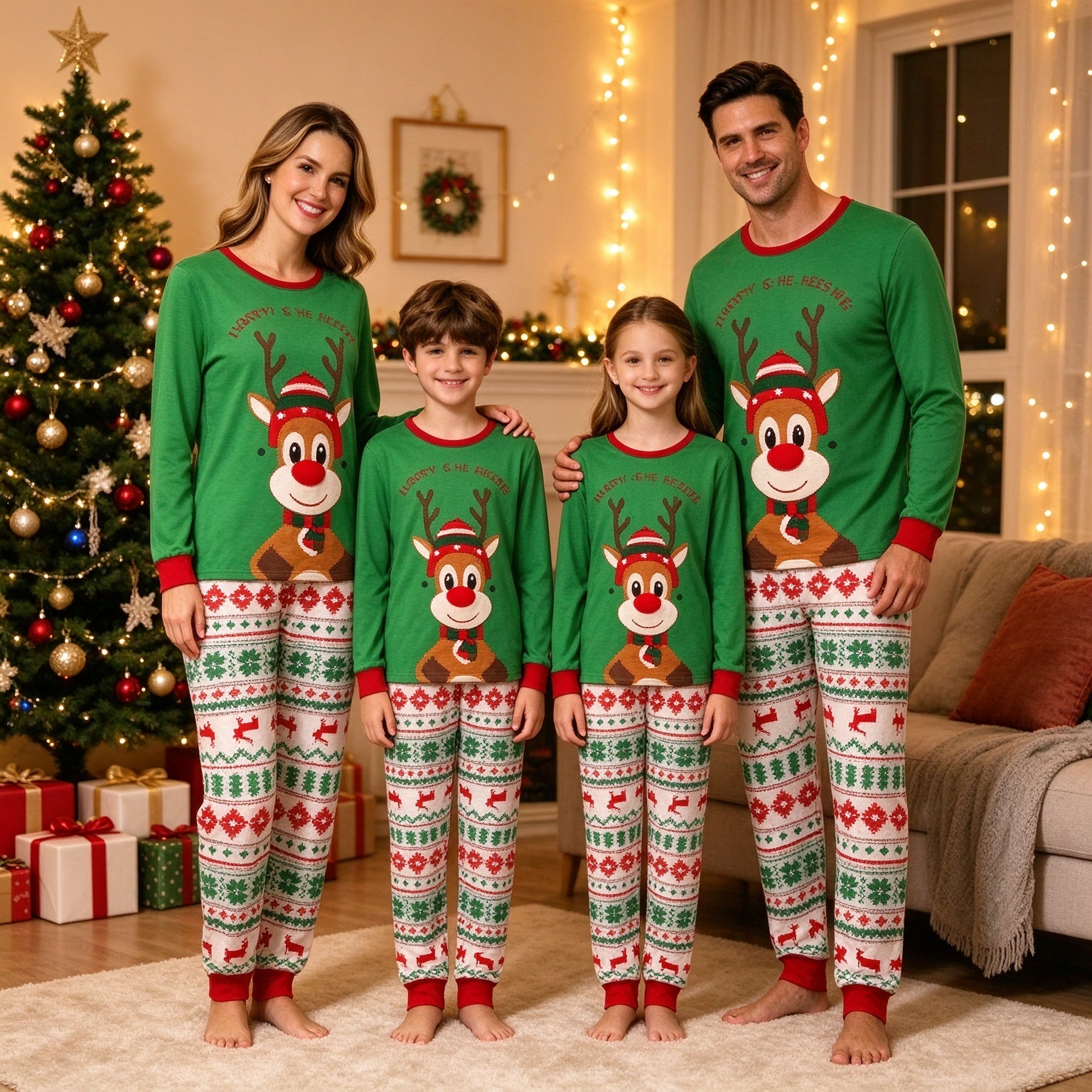 Christmas Reindeer & Tree Print Holiday Sleepwear Matching Family Pajamas Set