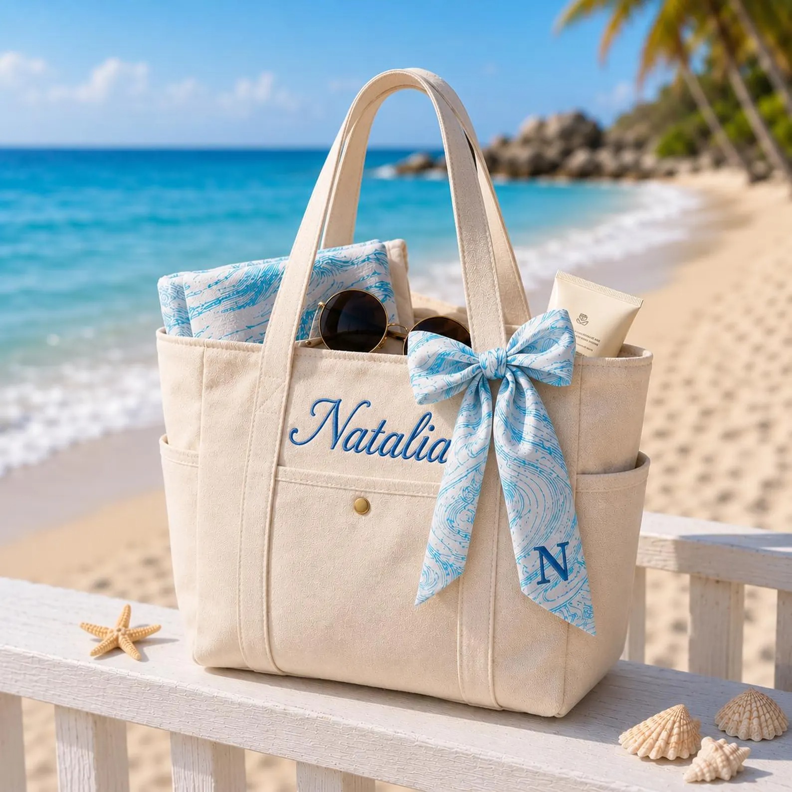 Custom Embroidered Bridesmaid Tote Bag, Personalized Canvas Beach Bag with Initial Ribbon