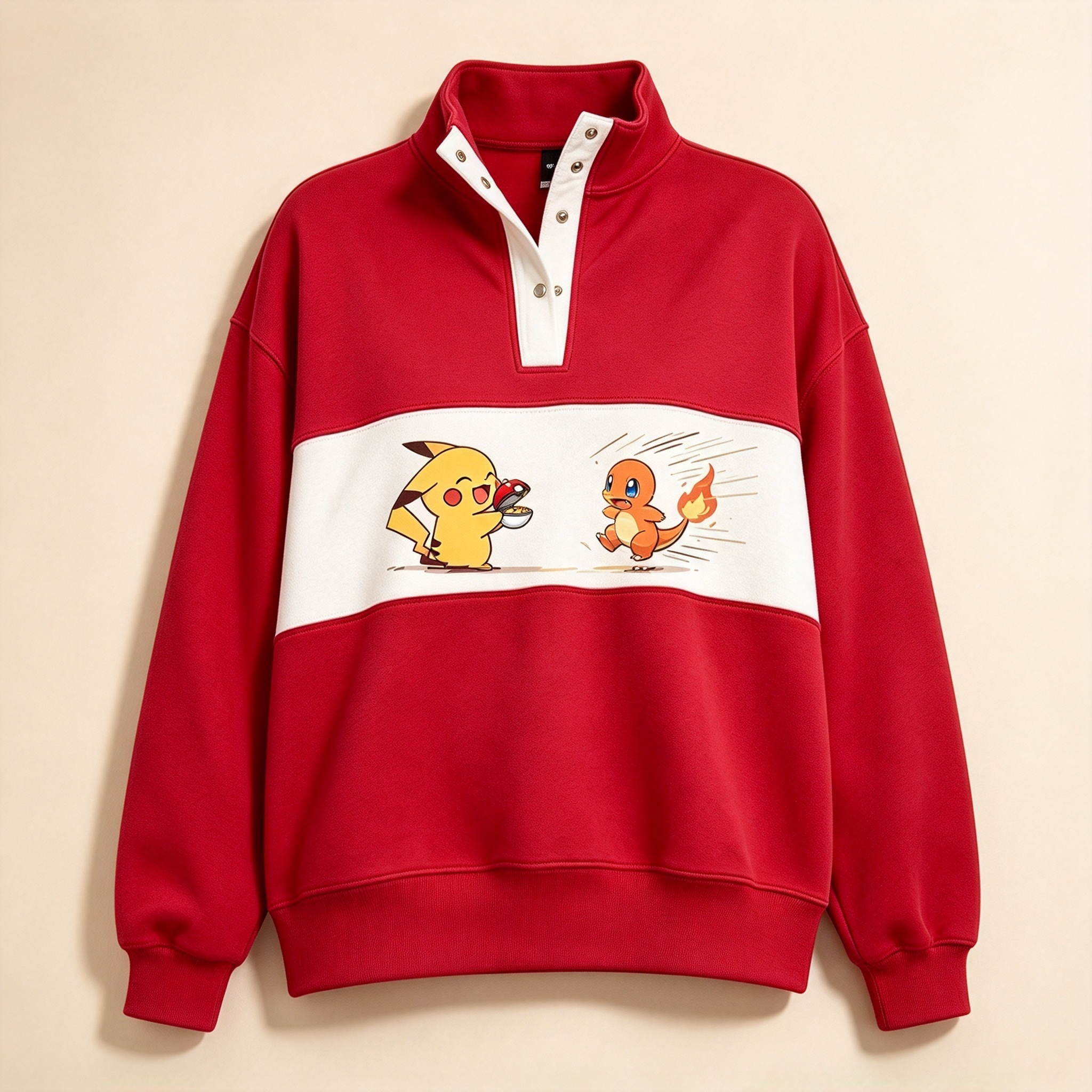 Cute Anime Starters Color Block Quarter Snap Sweatshirt