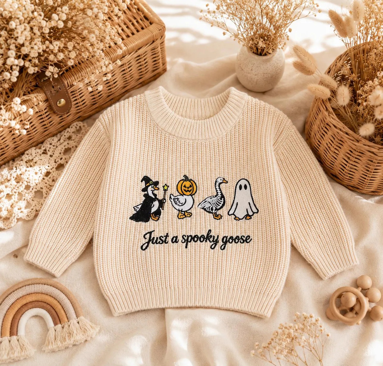 Embroidered Just A Spooky Goose Kids Knit Sweater