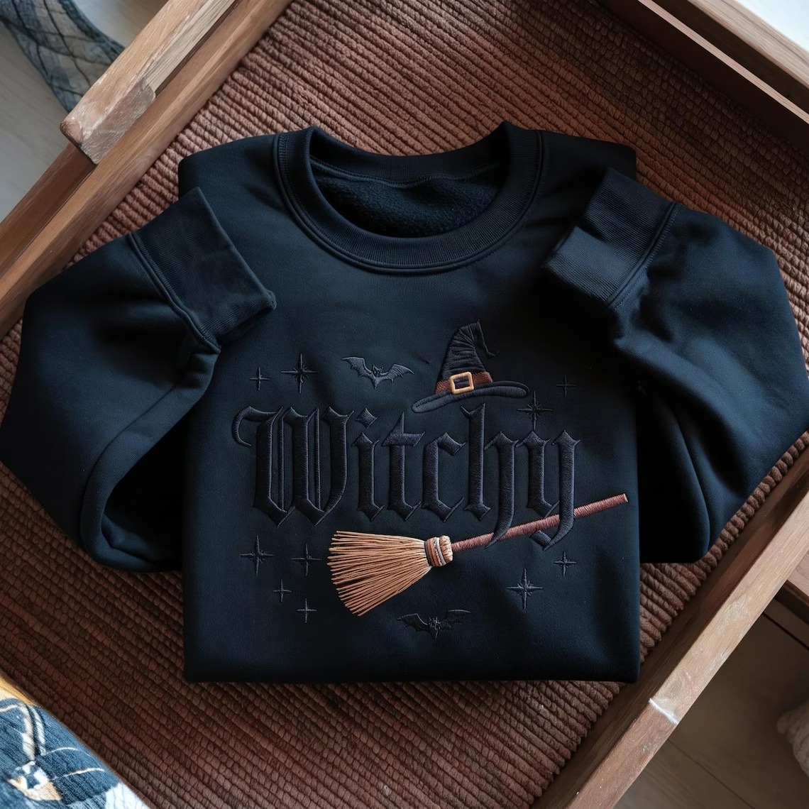 Embroidered Witchy Halloween Sweatshirt, Bat and Broomstick Witch Costume