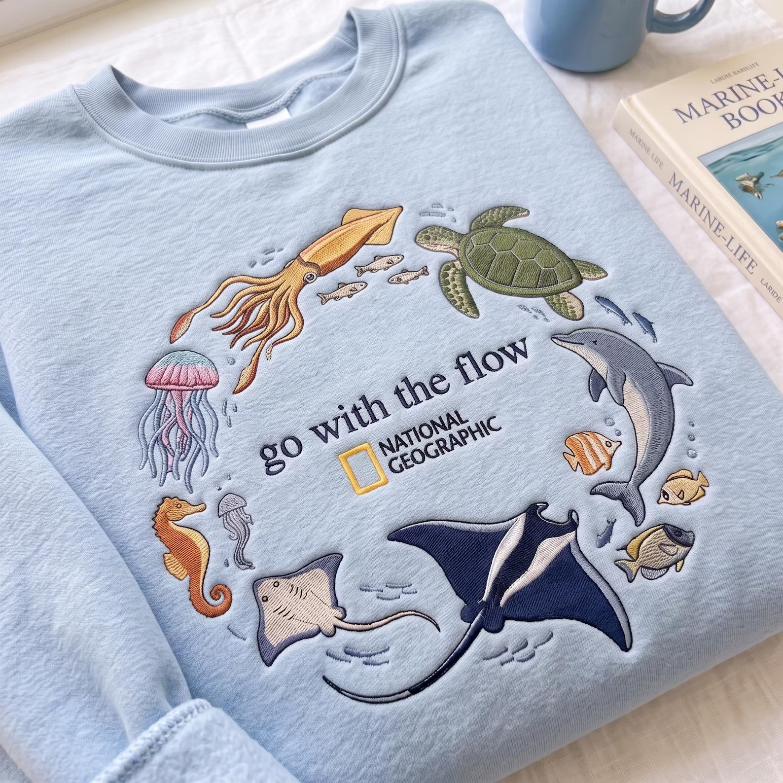 Go With The Flow Marine Life Embroidered  Sweatshirt