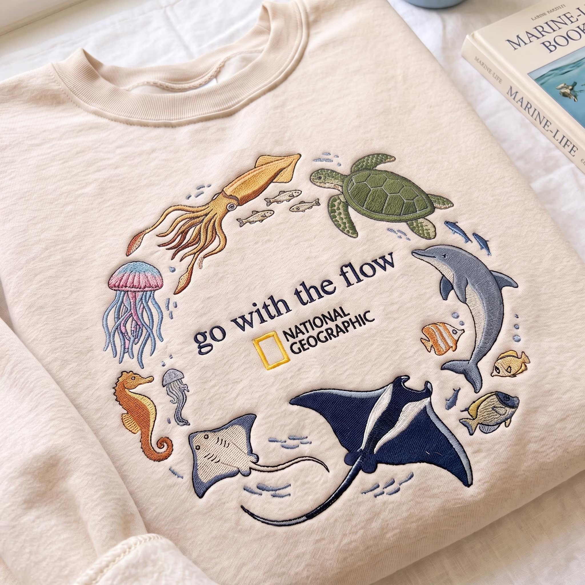 Go With The Flow Marine Life Embroidered  Sweatshirt