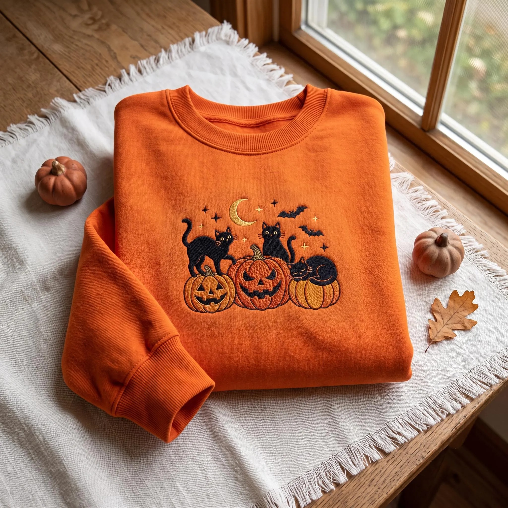 Halloween Black Cat Pumpkin Embroidered Sweatshirt