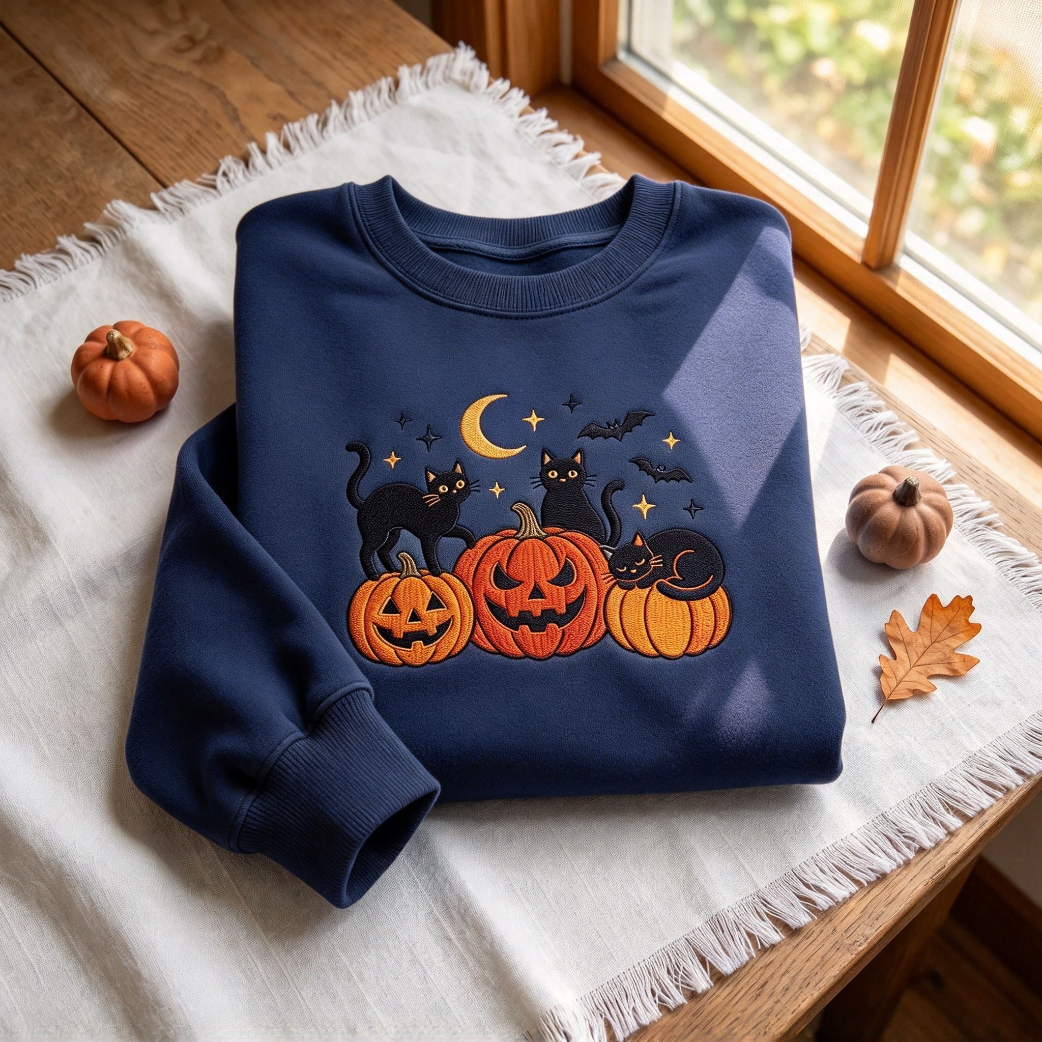 Halloween Black Cat Pumpkin Embroidered Sweatshirt