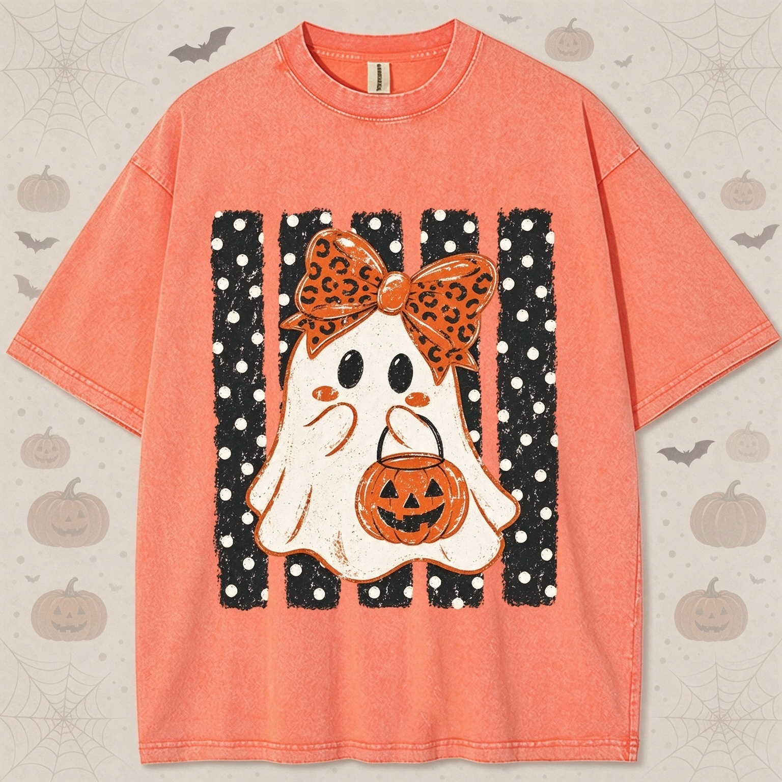 Halloween Cute Ghost Leopard Bow Spooky Season Print T-shirt