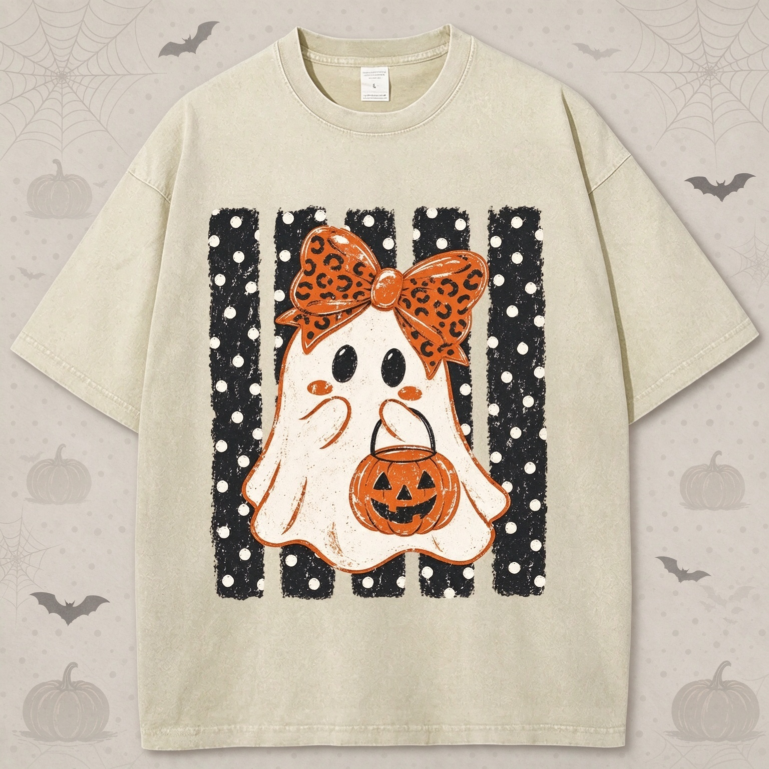 Halloween Cute Ghost Leopard Bow Spooky Season Print T-shirt