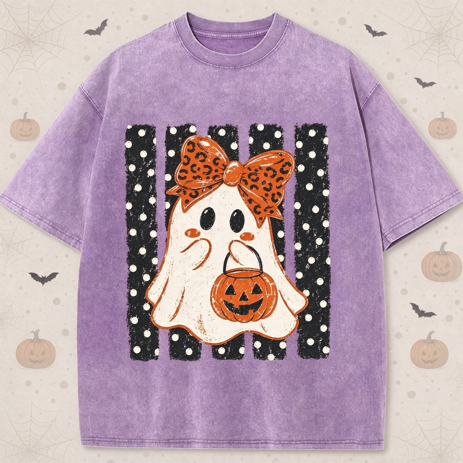 Halloween Cute Ghost Leopard Bow Spooky Season Print T-shirt