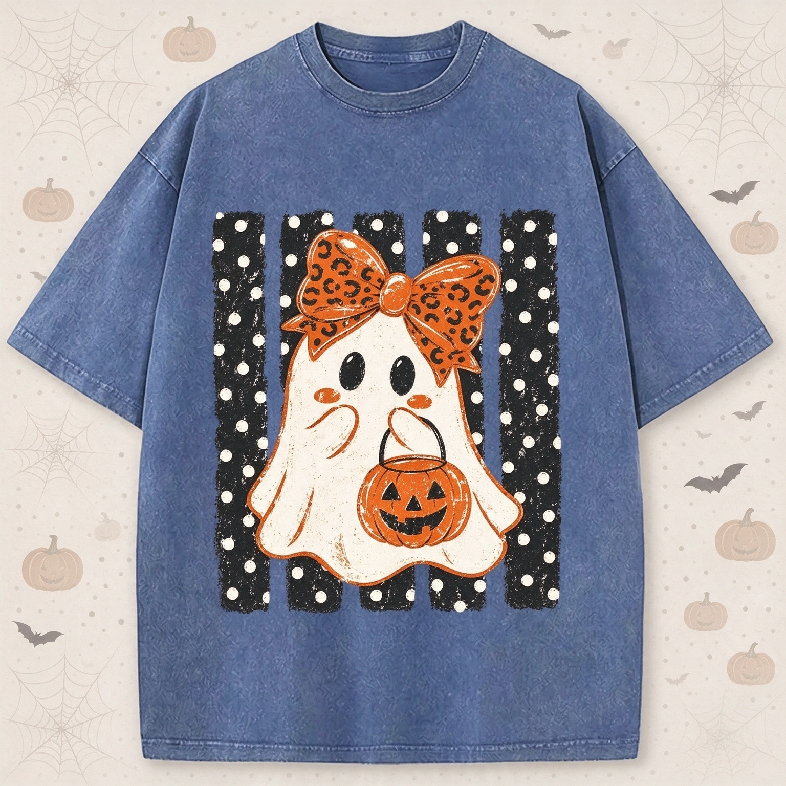 Halloween Cute Ghost Leopard Bow Spooky Season Print T-shirt