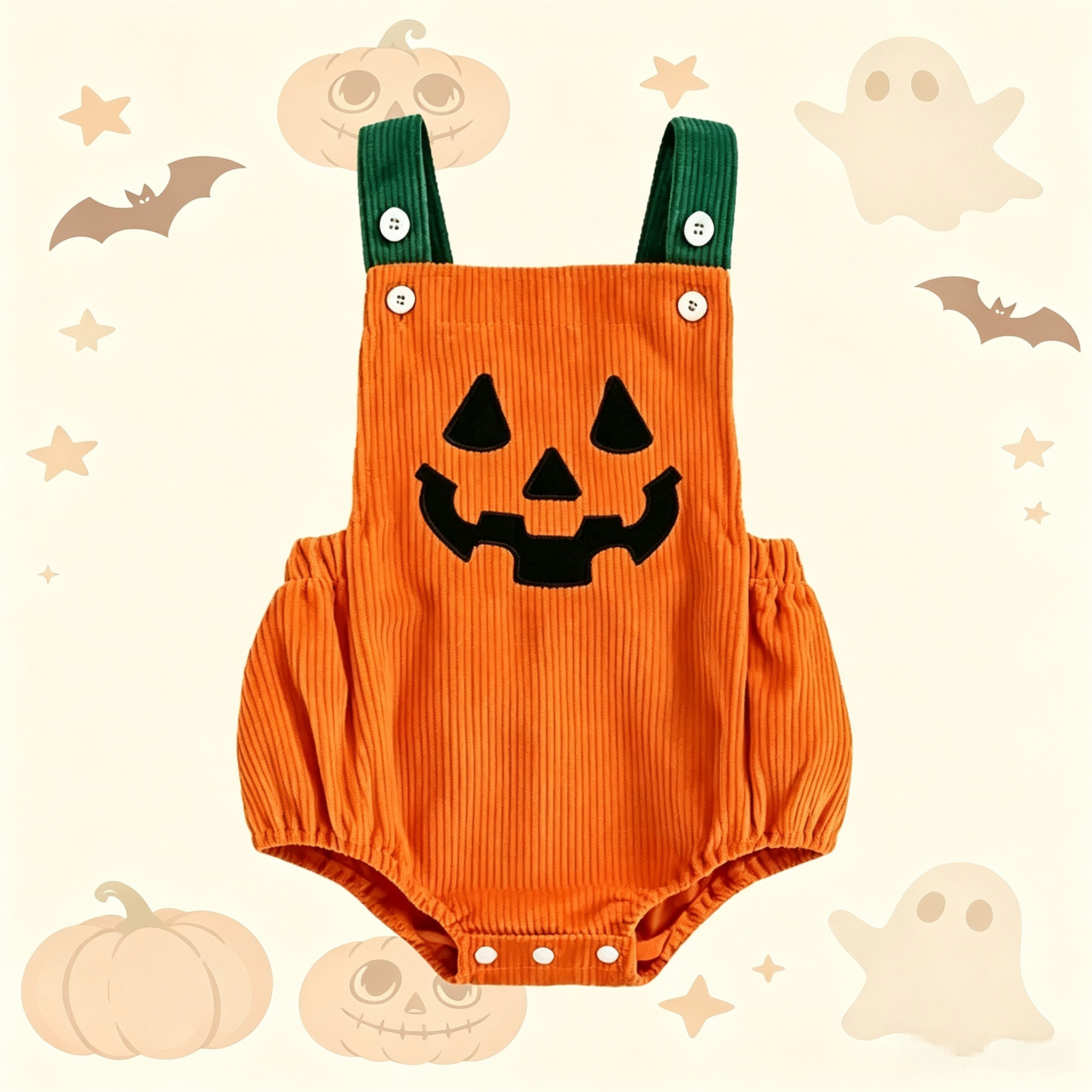Infant Corduroy Pumpkin Halloween Romper  Jack‑o‑Lantern Baby Fall Costume Onesie