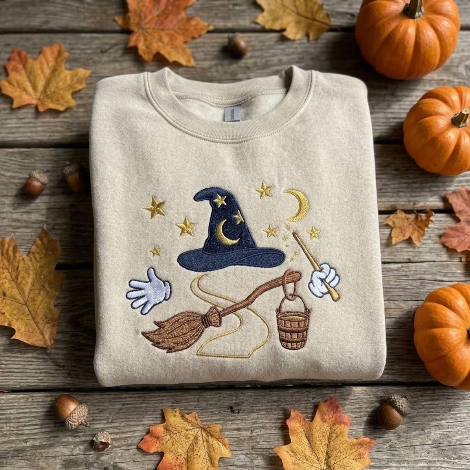 Magical Embroidered Crewneck, Wizard Hat Broom Wand Sweatshirt, Fantasy Halloween Cozy Fall Shirt for Magic Lovers