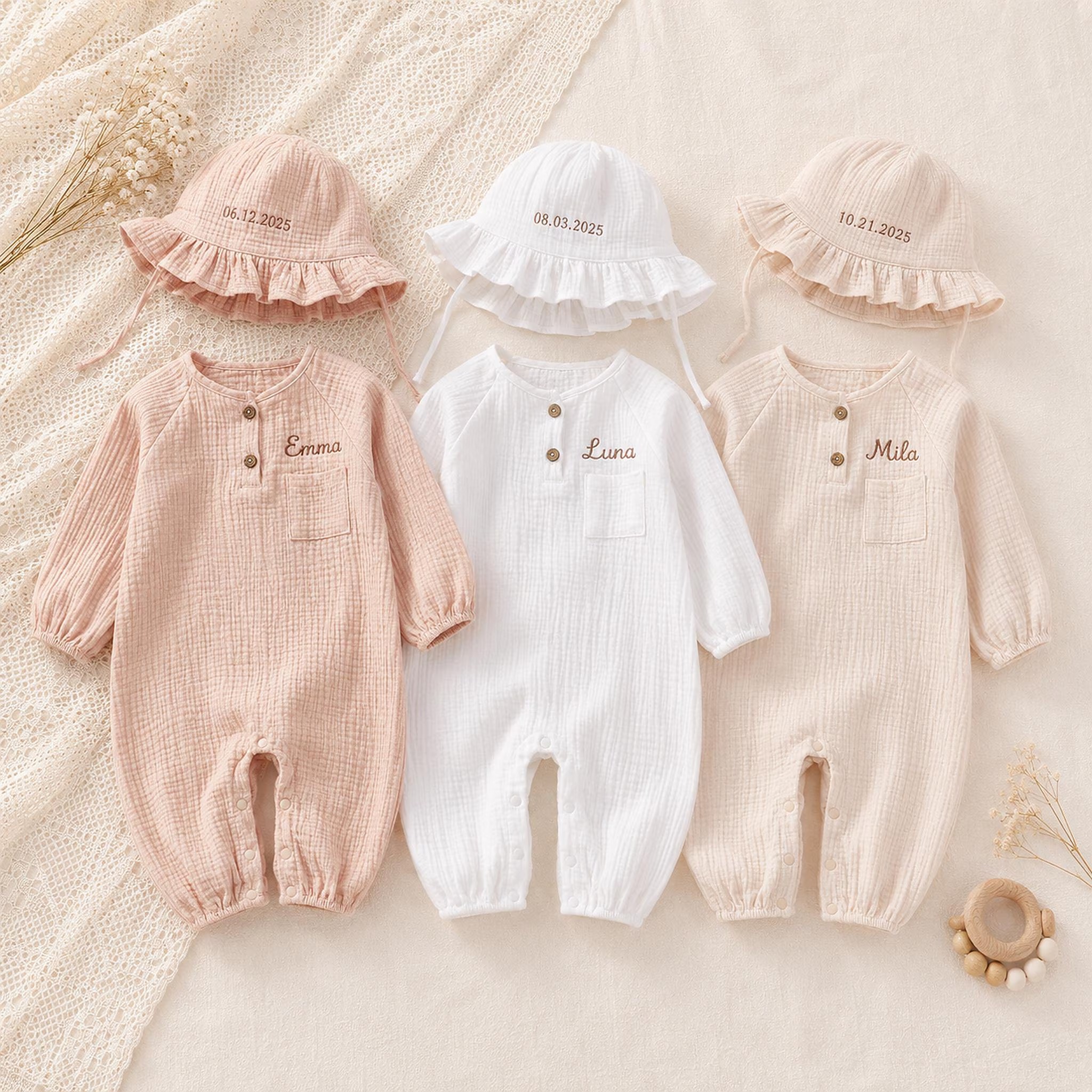 Personalized Baby Romper and Hat Set, Custom Name Embroidered Coming Home Outfit