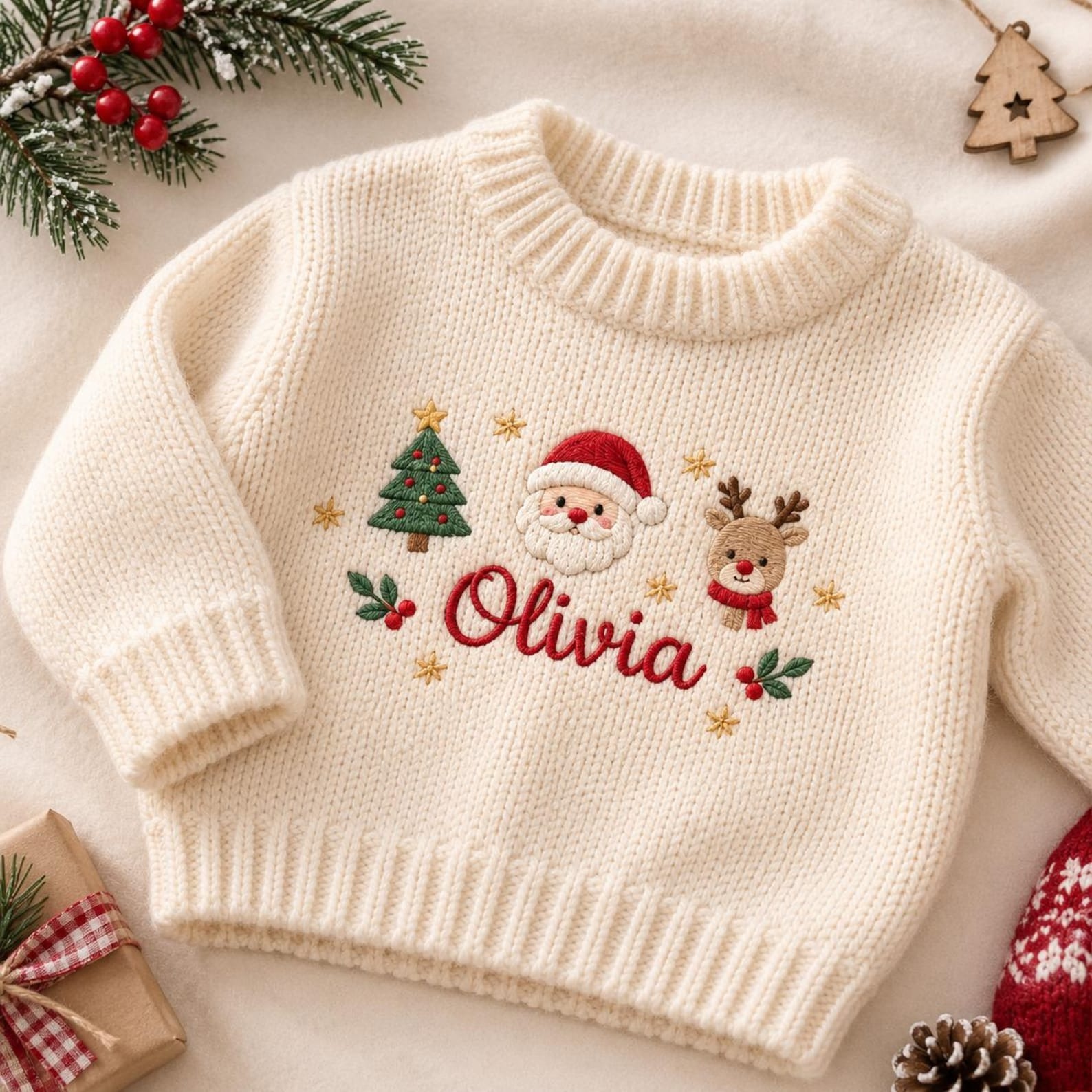 Personalized Custom Name Santa Reindeer Christmas Tree Embroidered Baby Sweater