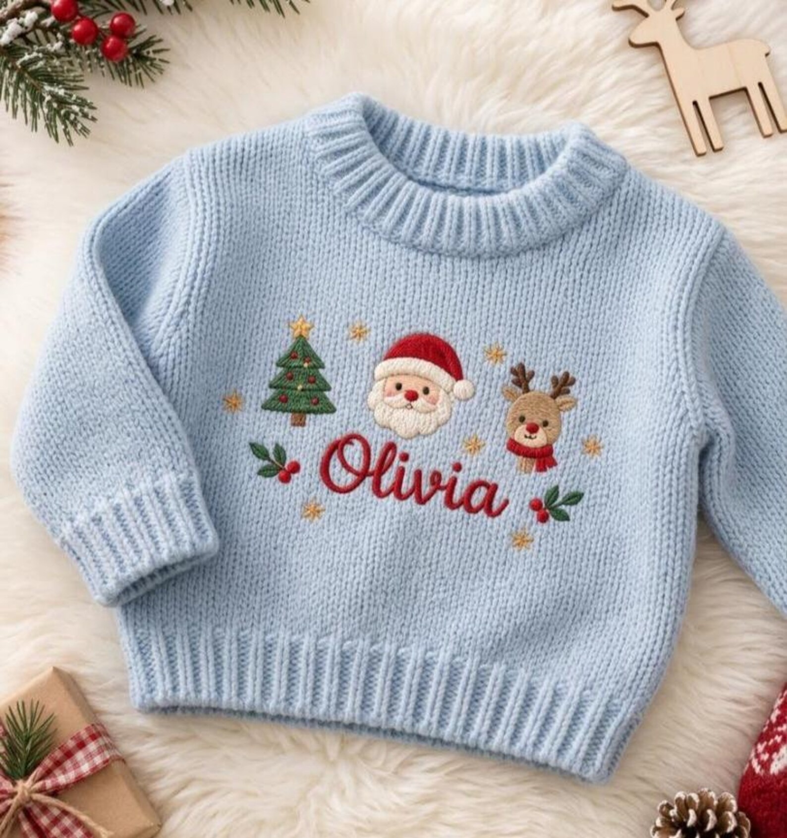 Personalized Custom Name Santa Reindeer Christmas Tree Embroidered Baby Sweater