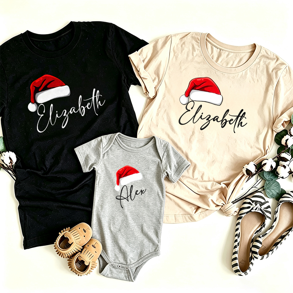 Santa Hat Custom Name Family Matching T-shirt Outfits