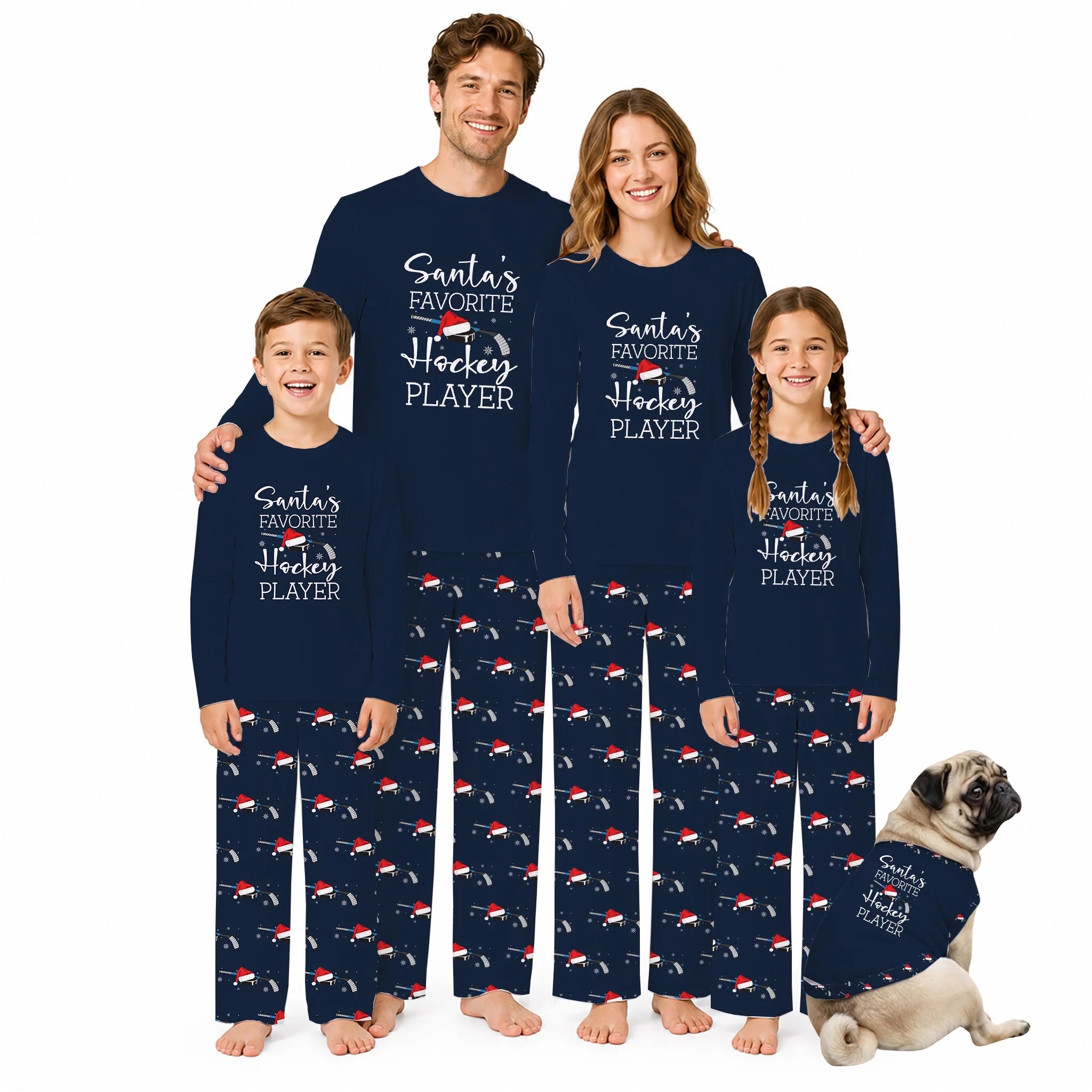 Santa's Favorite Hockey Player Christmas Matching Family Pajamas Set