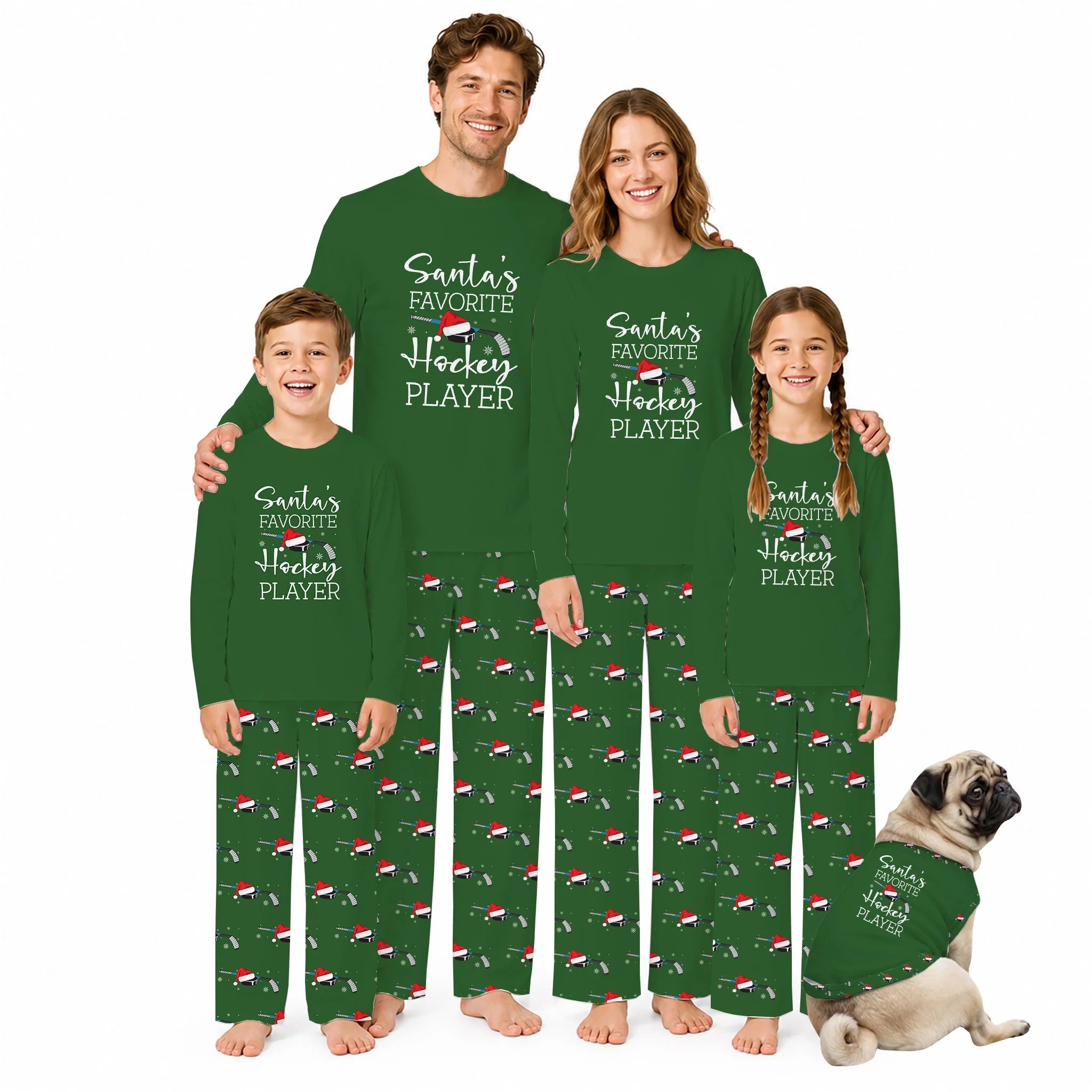 Santa's Favorite Hockey Player Christmas Matching Family Pajamas Set