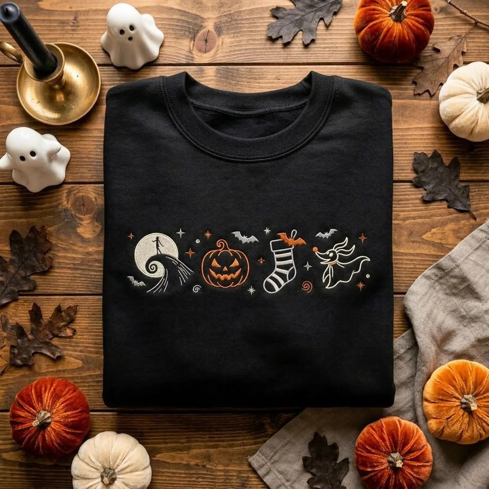 Spooky Season Embroidered Sweatshirt, Minimal Halloween Icon Crewneck with Ghost Pumpkin Moon, Cozy Fall Gift