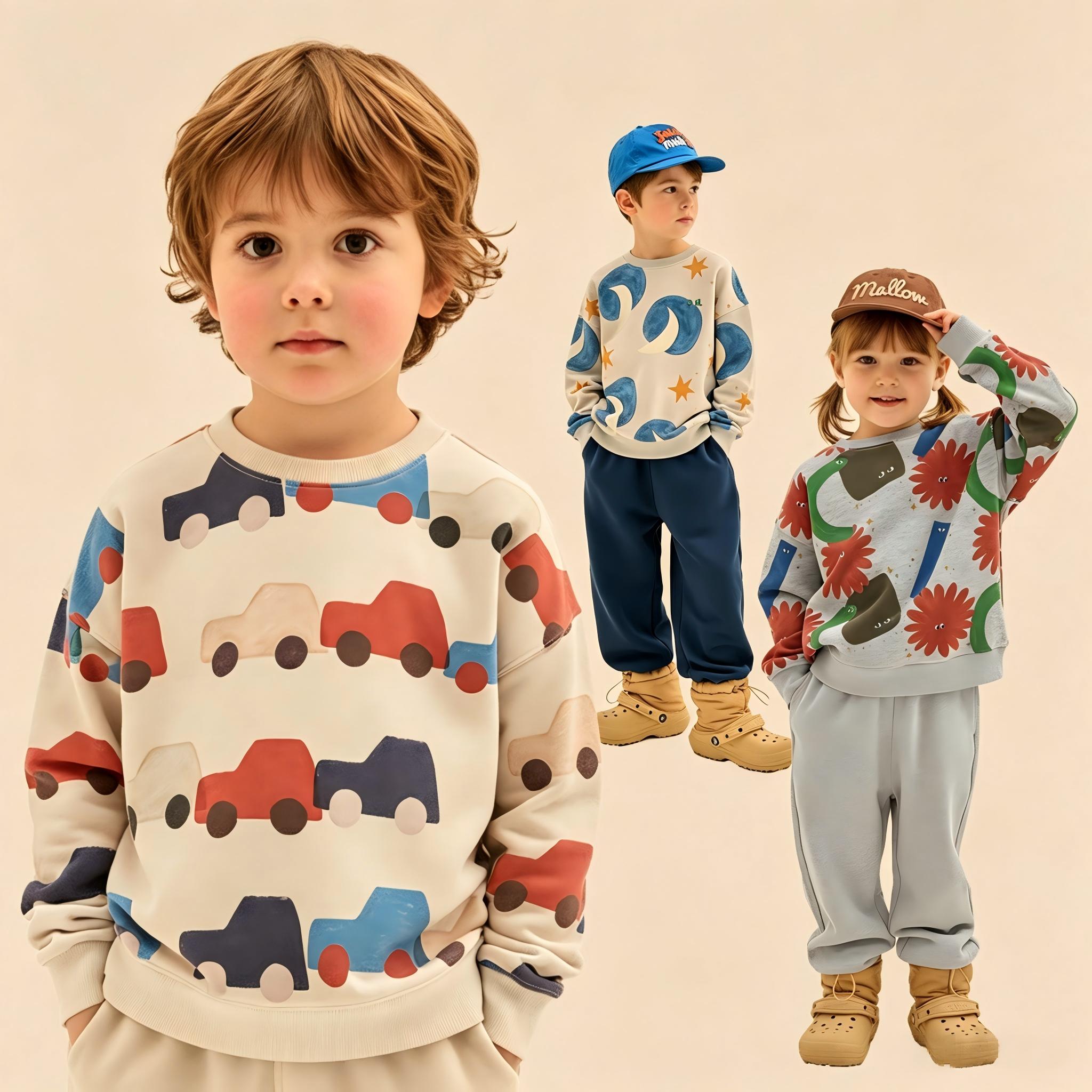 Unisex Kids Fall Winter Playful Print Sweatshirt ，Unisex Kids Fall Winter Outfit Set, Printed Sweatshirt & Jogger Pants