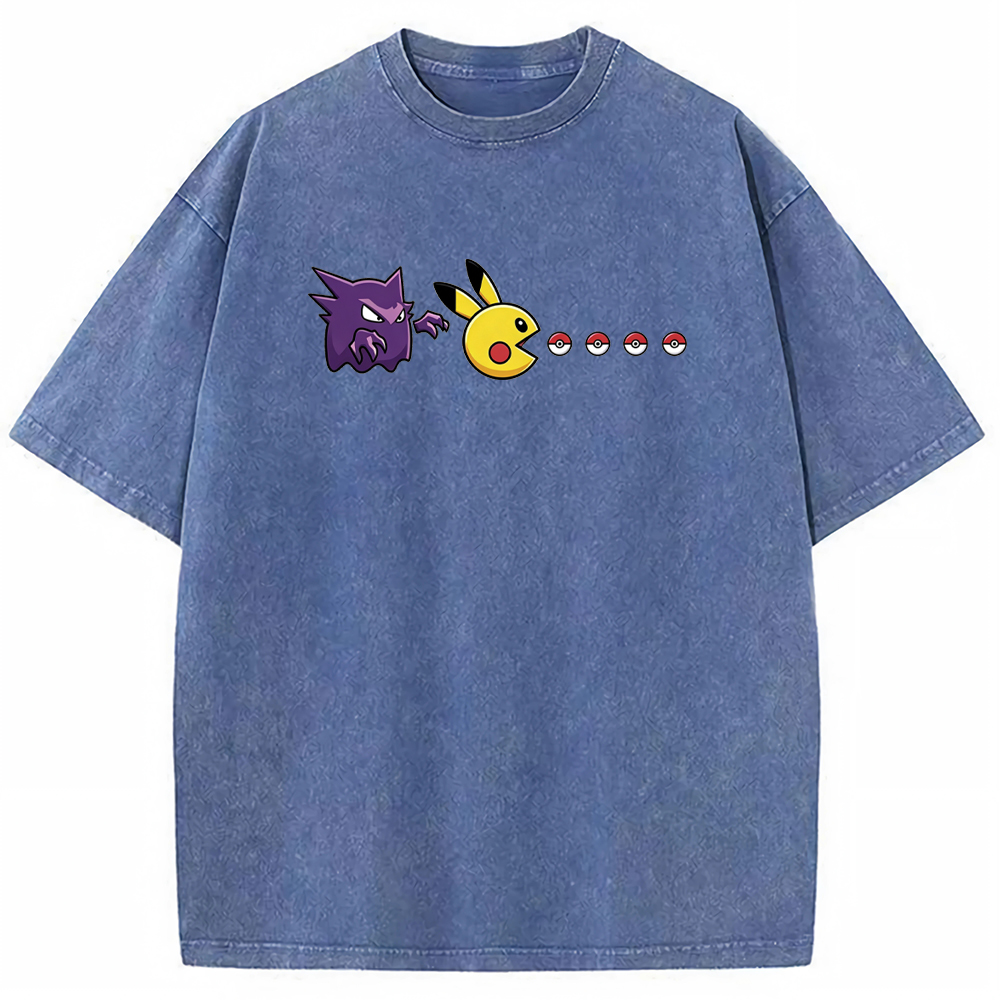 Gengar Hunting Pikachu Pokeball Trail Graphic Cartoon Tee | Pokemon Anime