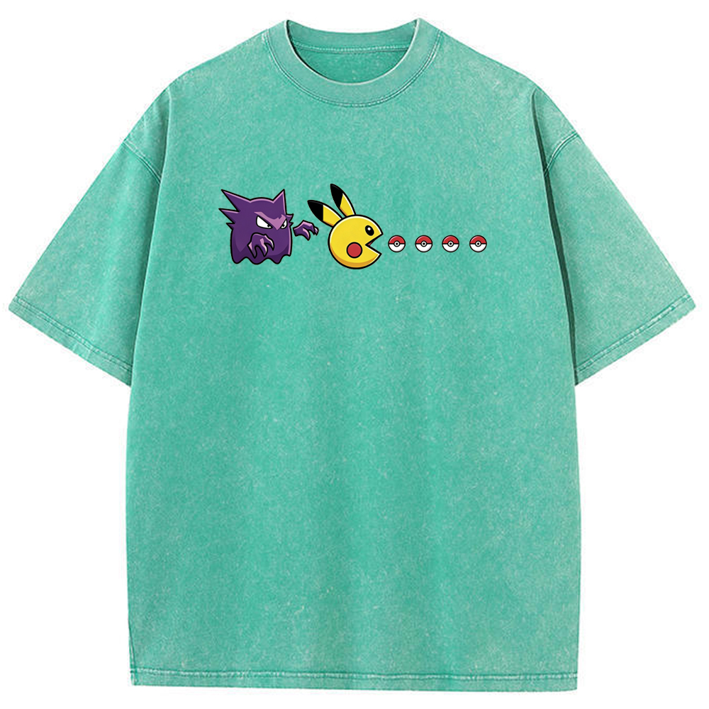 Gengar Hunting Pikachu Pokeball Trail Graphic Cartoon Tee | Pokemon Anime