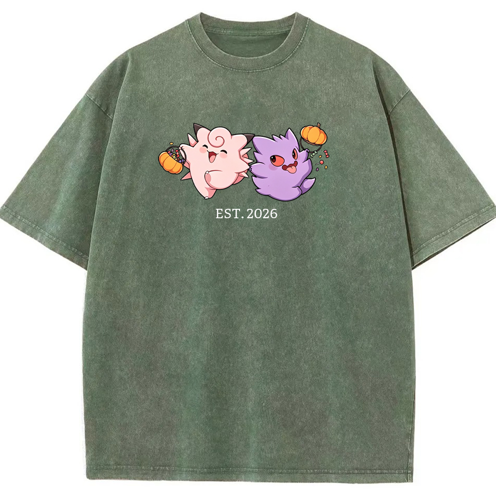 Cute Couple Tone Clefairy Gengar Halloween Pumpkin Vintage Washed T-Shirt