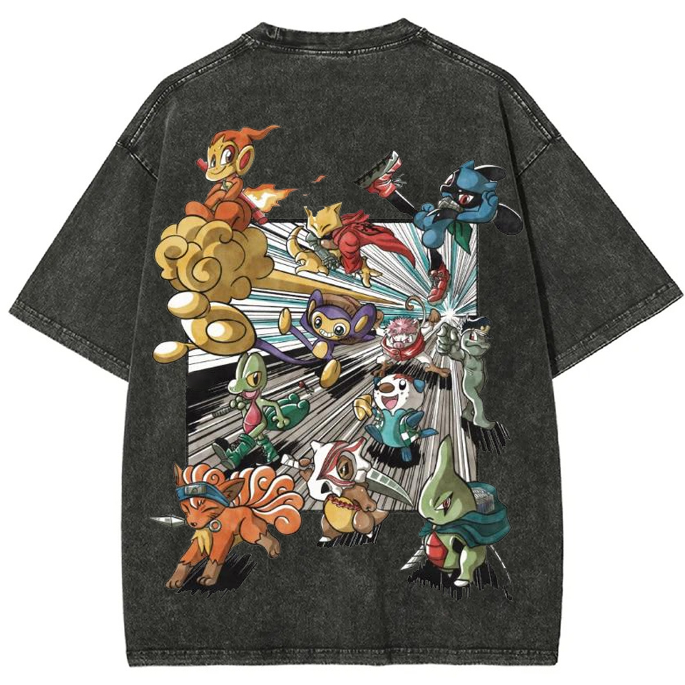 Squad Battle Pokemon Crew Front Back Dual Print Action Group Cartoon Tee