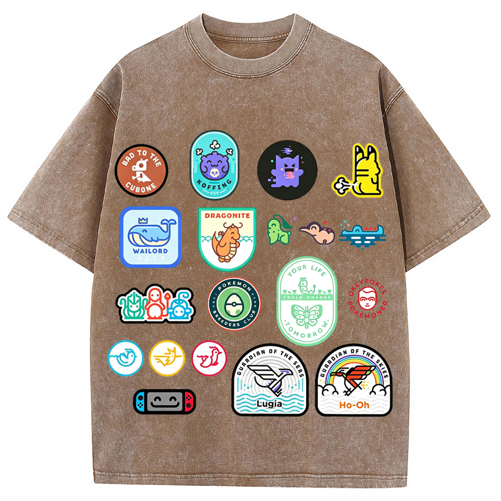 Multi Pokemon Patch Stickers Cartoon Tee | Pokemon Anime