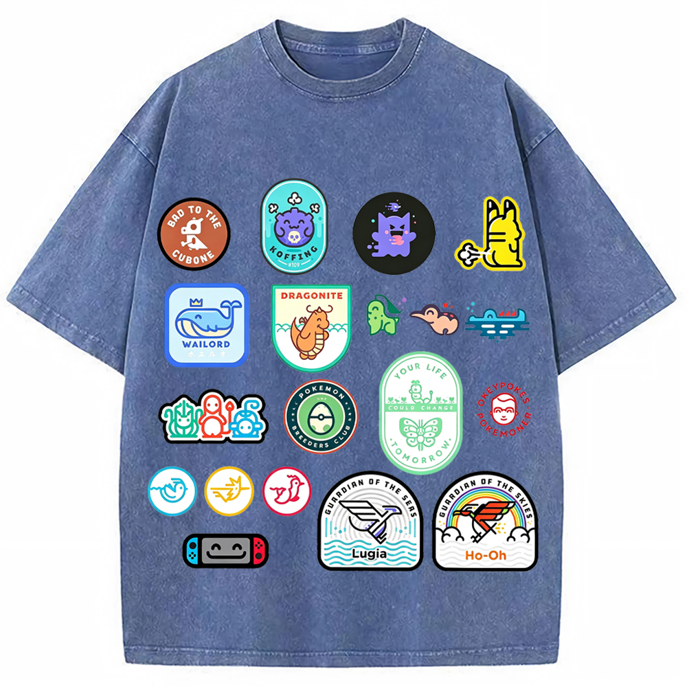 Multi Pokemon Patch Stickers Cartoon Tee | Pokemon Anime