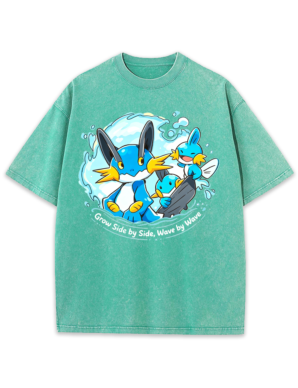 Parent & Kid Mudkip Evolution Family Surfing Wave Vintage Washed T-Shirt