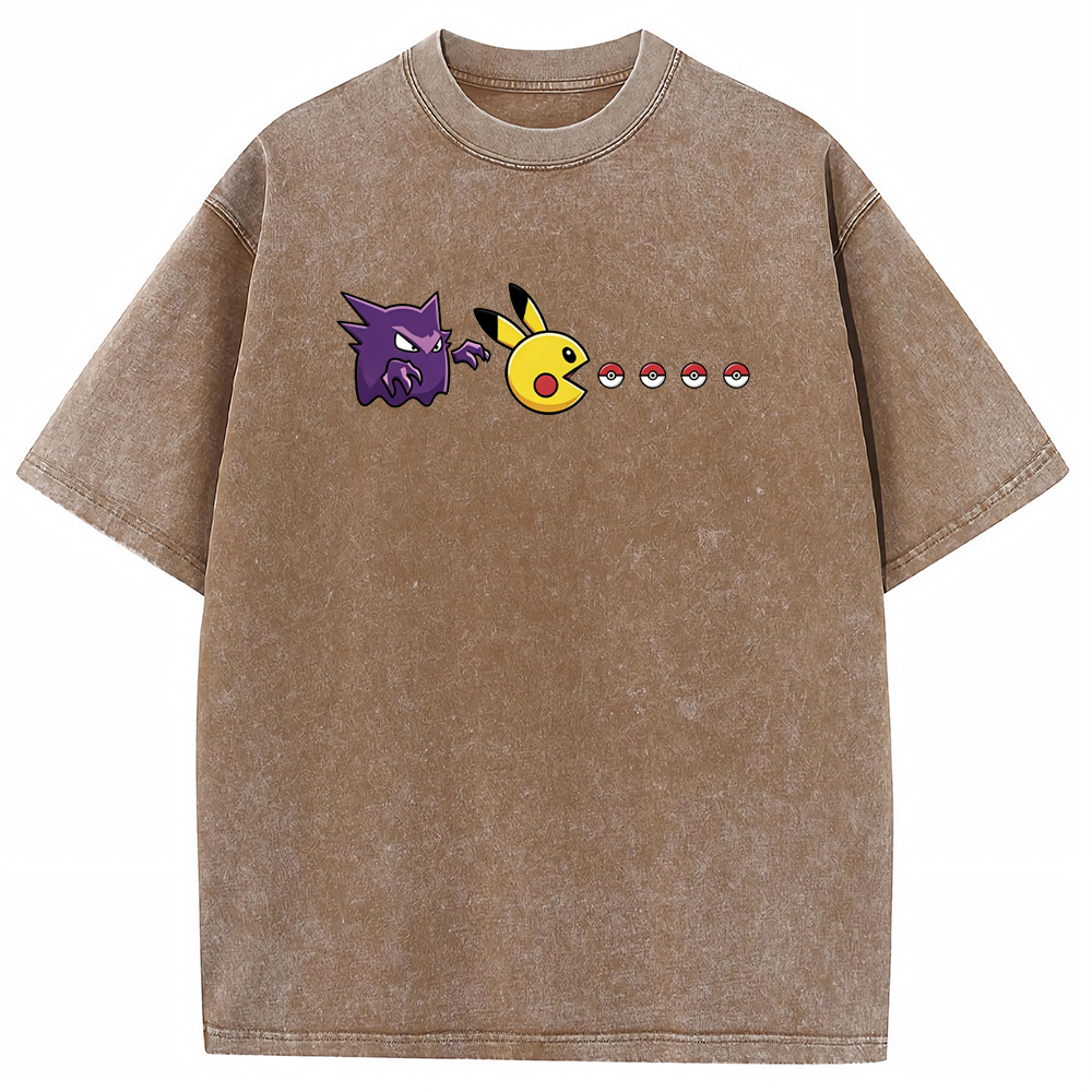 Gengar Hunting Pikachu Pokeball Trail Graphic Cartoon Tee | Pokemon Anime
