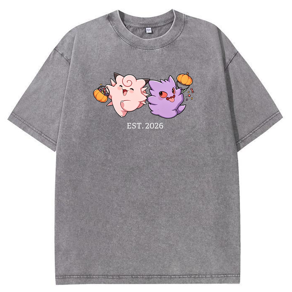 Cute Couple Tone Clefairy Gengar Halloween Pumpkin Vintage Washed T-Shirt