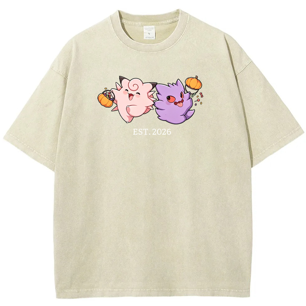 Cute Couple Tone Clefairy Gengar Halloween Pumpkin Vintage Washed T-Shirt