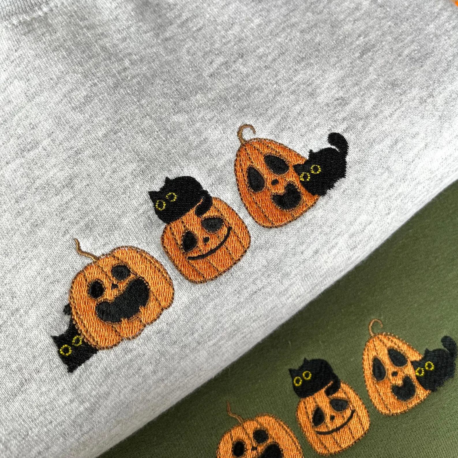 Halloween Cats & Pumpkins Embroidered Sweatshirt