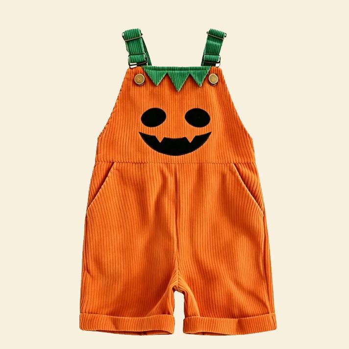 Kids Pumpkin Halloween Corduroy Short Overalls