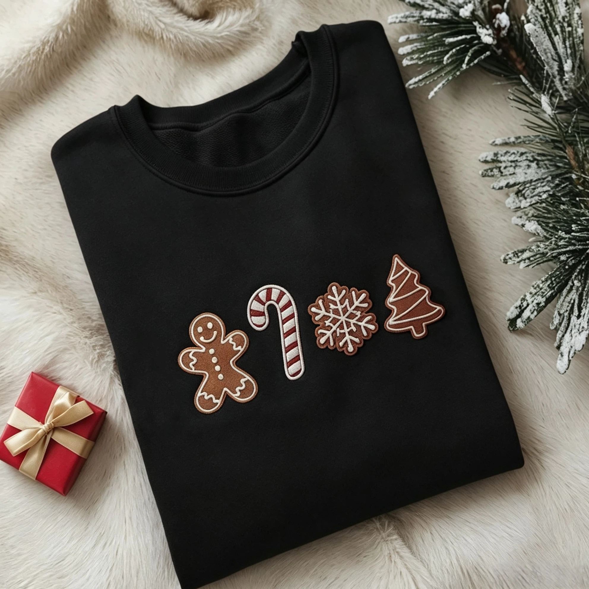 Gingerbread Man Candy Cane Snowflake Embroidered Christmas Sweatshirt