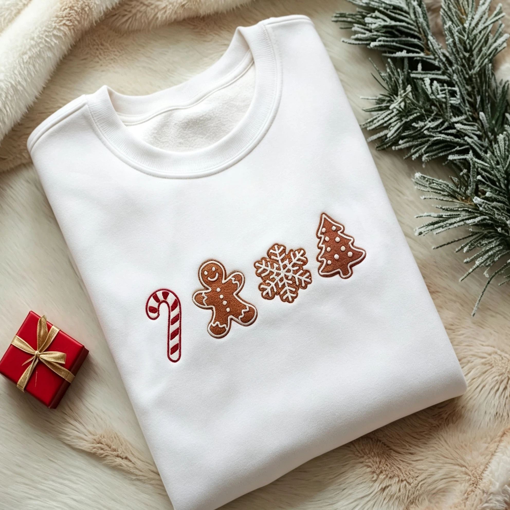Gingerbread Man Candy Cane Snowflake Embroidered Christmas Sweatshirt