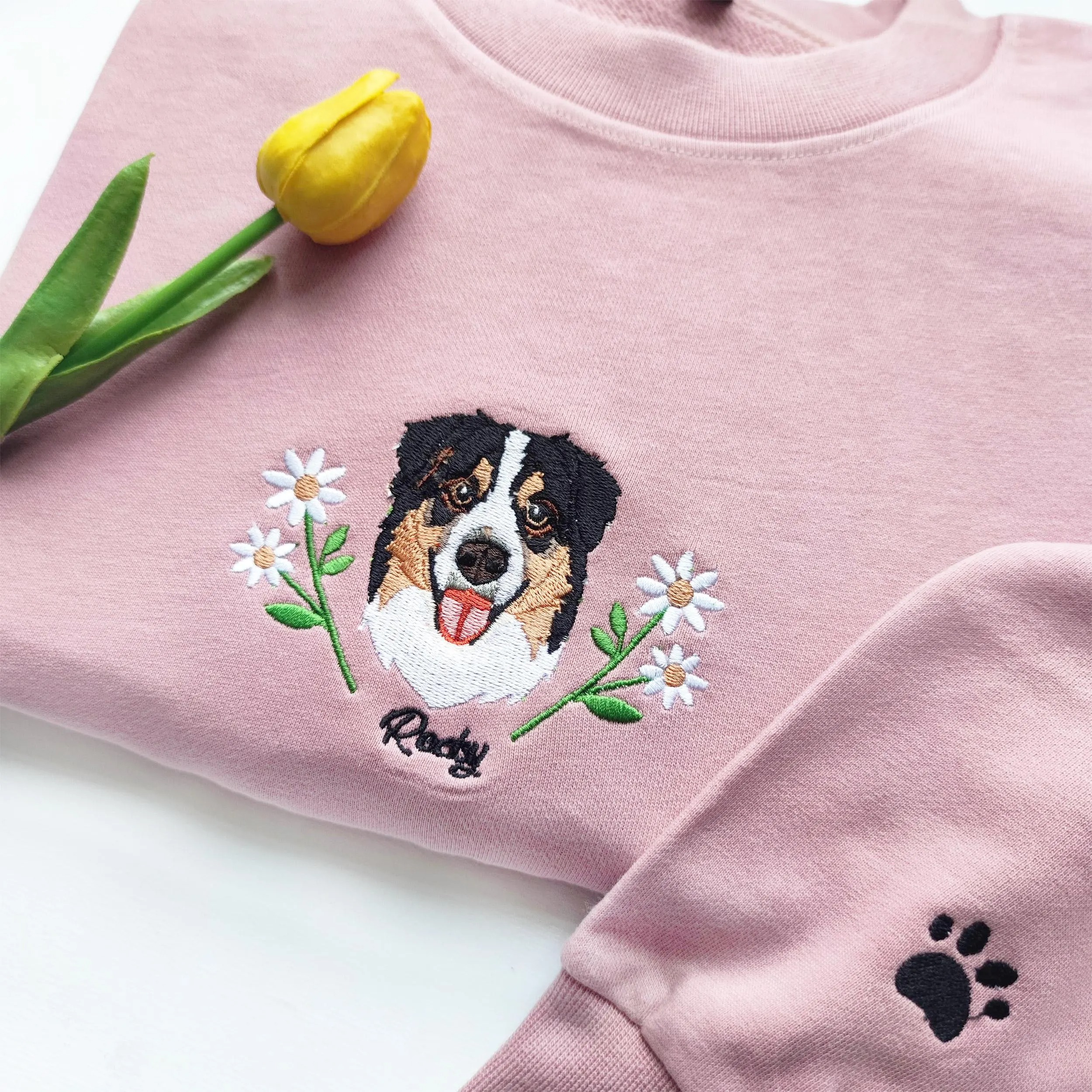 Custom Dog Face Flower Embroidered Sweatshirt-Gift For Custom