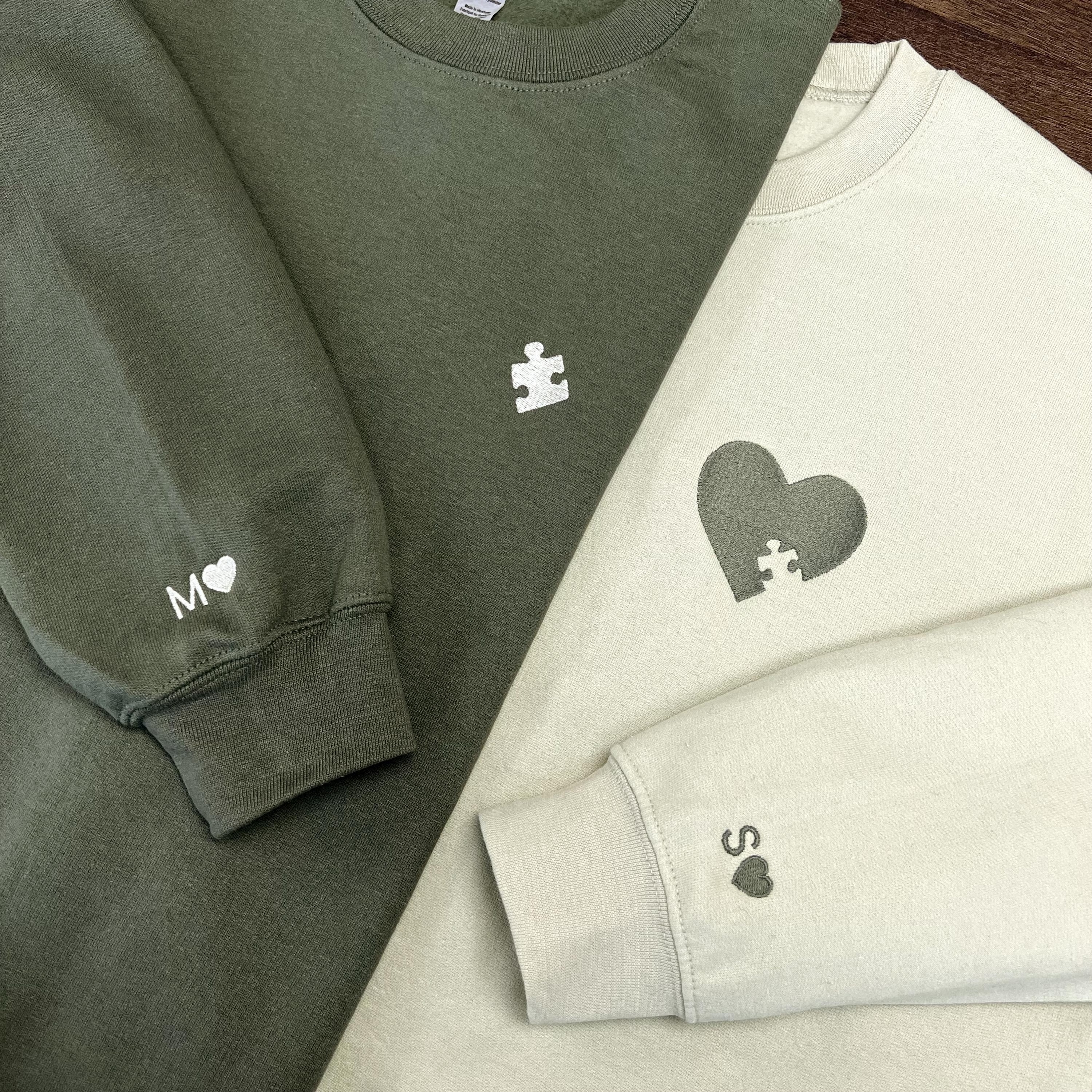 Custom Embroidered Heart and Puzzle Piece Sweatshirt-Gift For Custom